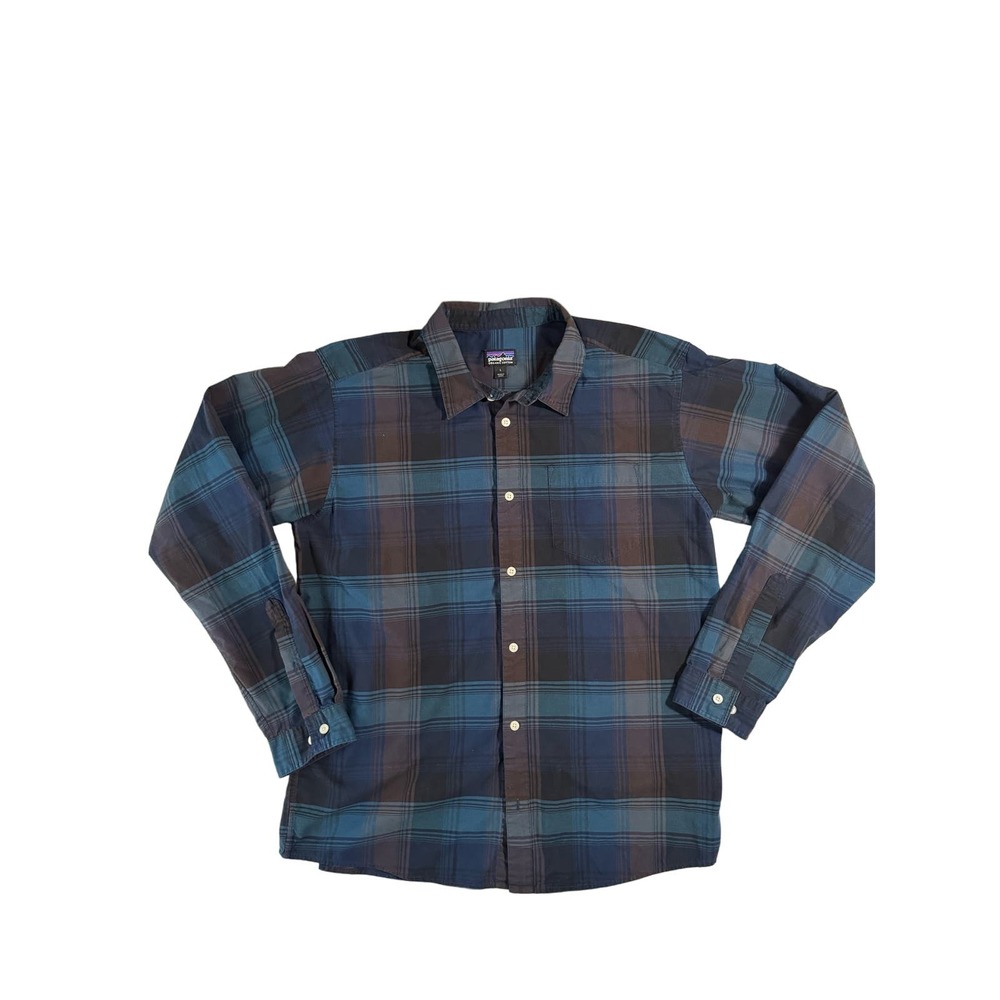 Patagonia Men’s long sleeve cotton button‎ up blue plaid large